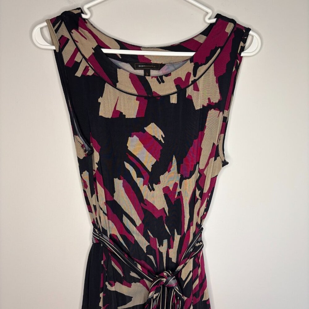 Bcbgmaxazria Dress Medium Tan Black Purple Midi Sleeveless Tie Waist Stretch